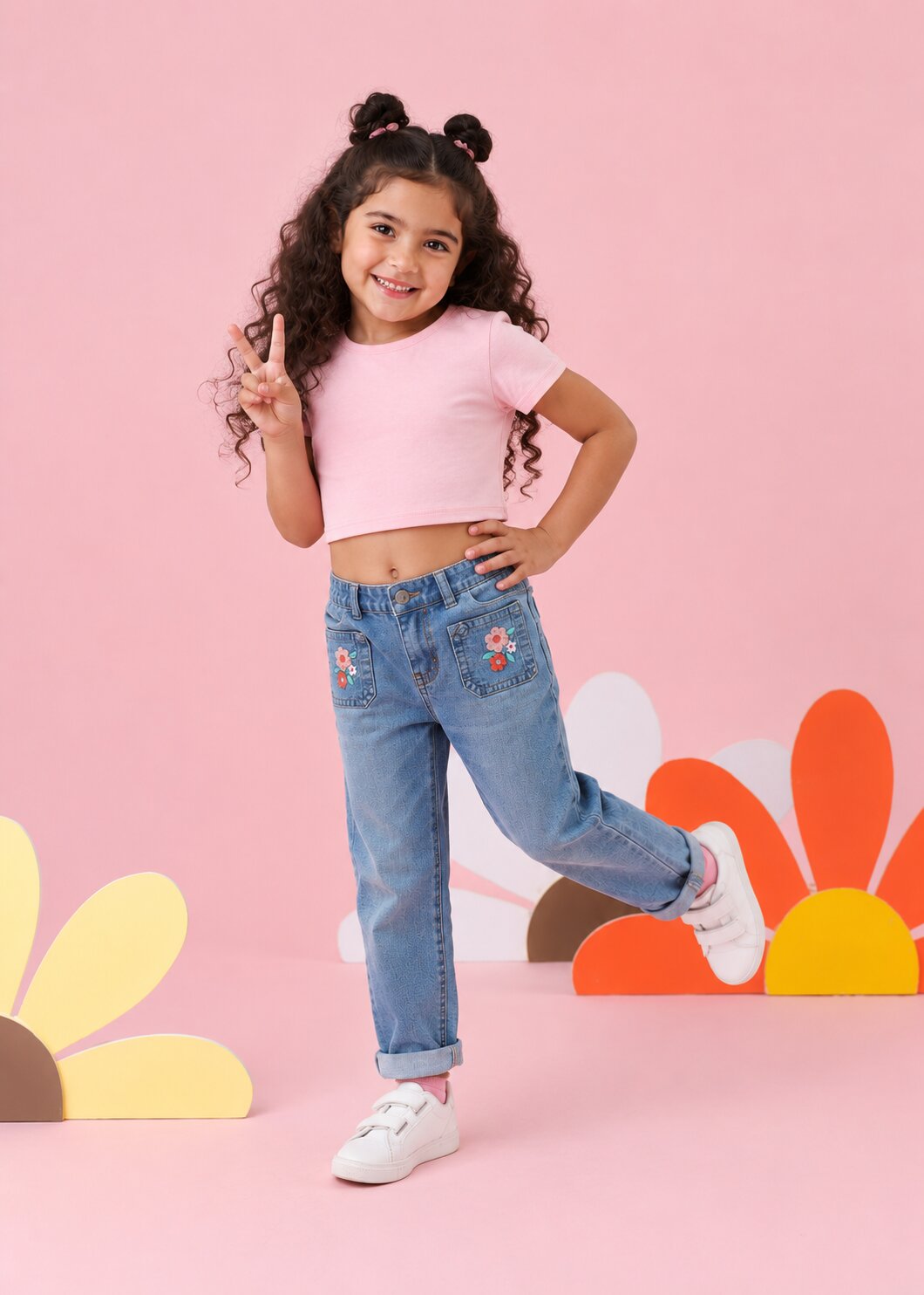 Girls Light Blue Embroidered Regular Fit Jeans With 4 Pocket