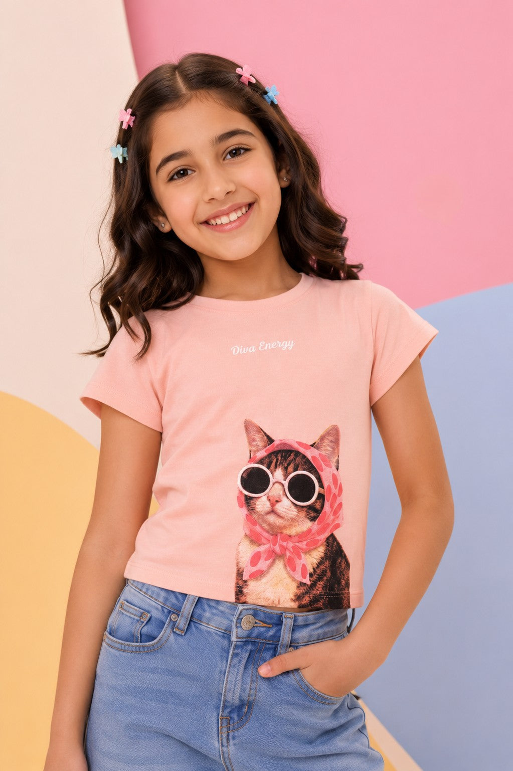 Tweens Girls Peach Graphic Regular Fit T-Shirt
