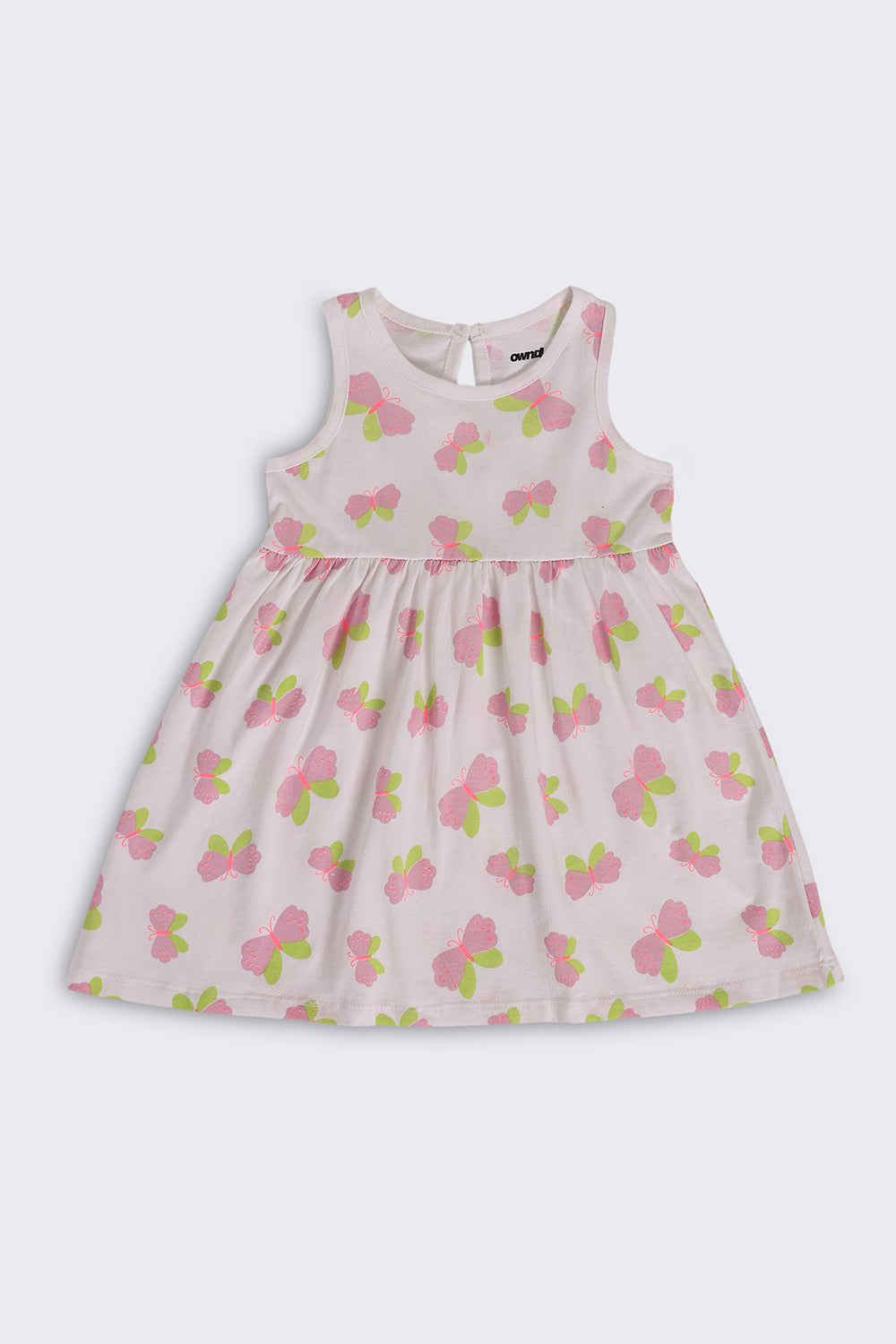 White Butterfly Printed Gathered Fit Dress For Girls