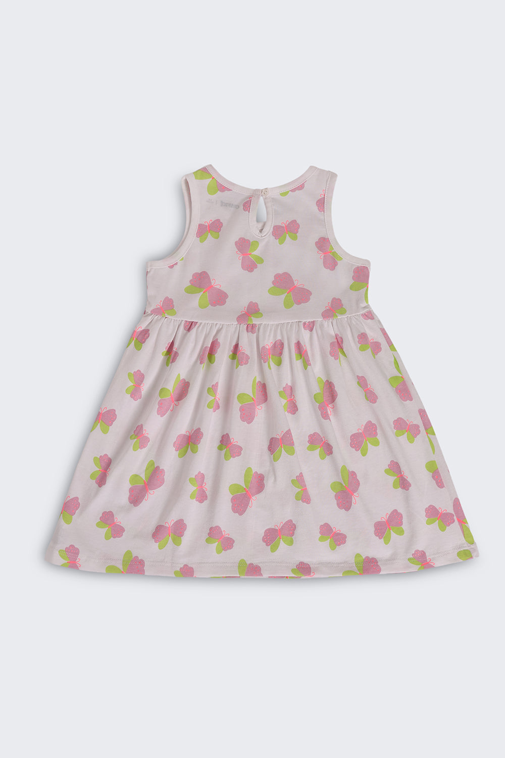 White Butterfly Printed Gathered Fit Dress For Girls