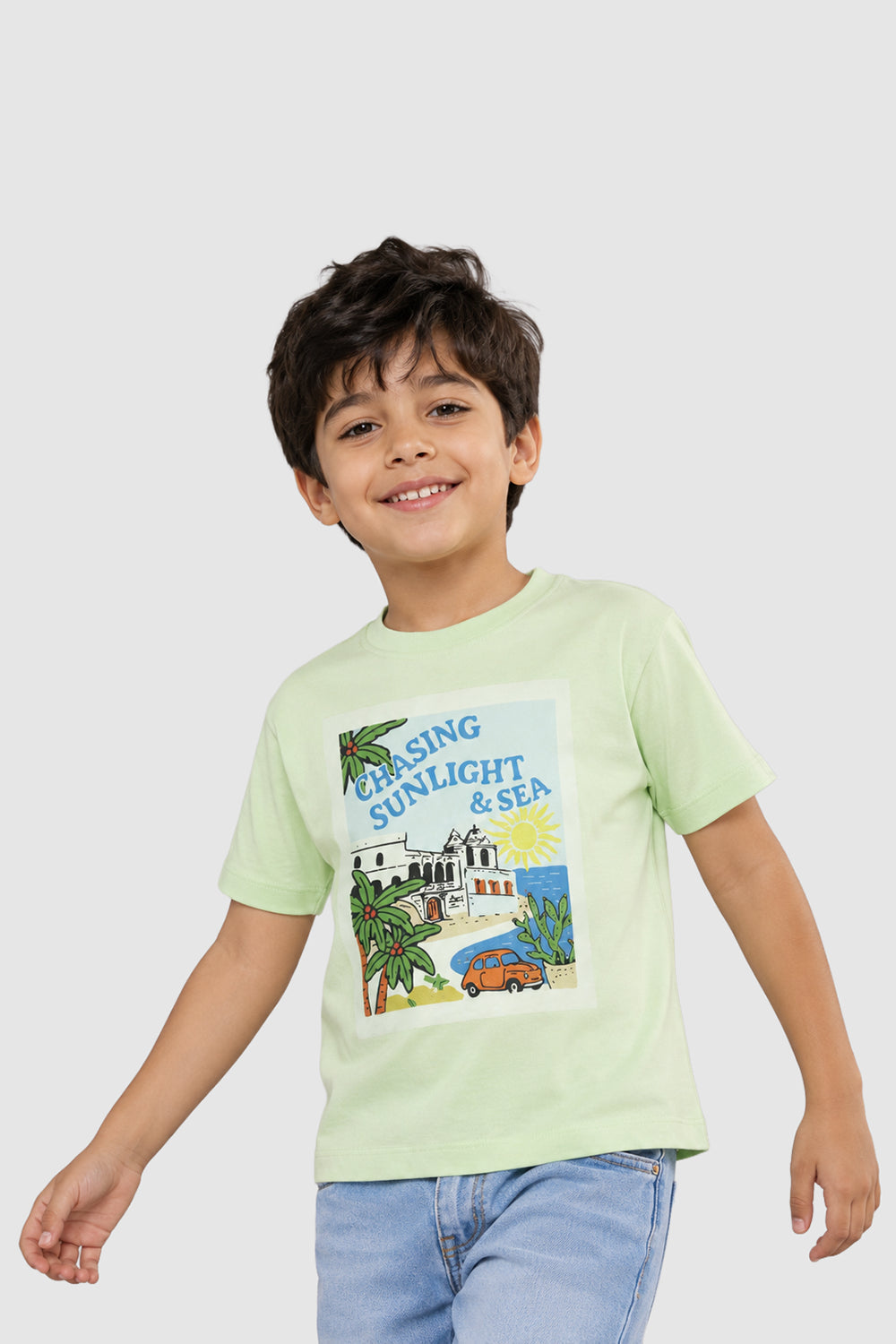 Light Green Graphic Regular Fit T-Shirt For Boys