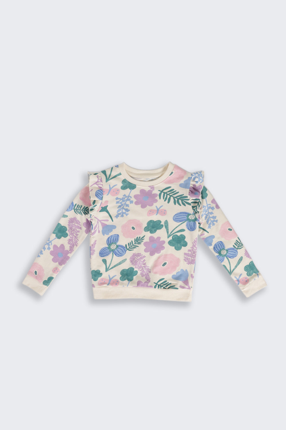 Multi Coloured Floral Ruffle Regular Fit Sweatshirt For Girls