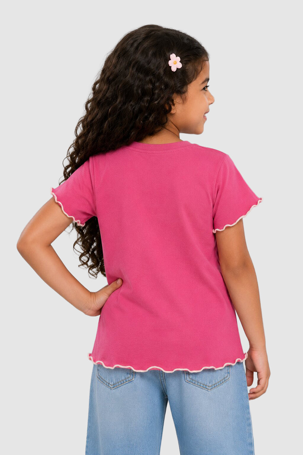 Pink Flutter Sleeves Regular Fit T-Shirt For Girls