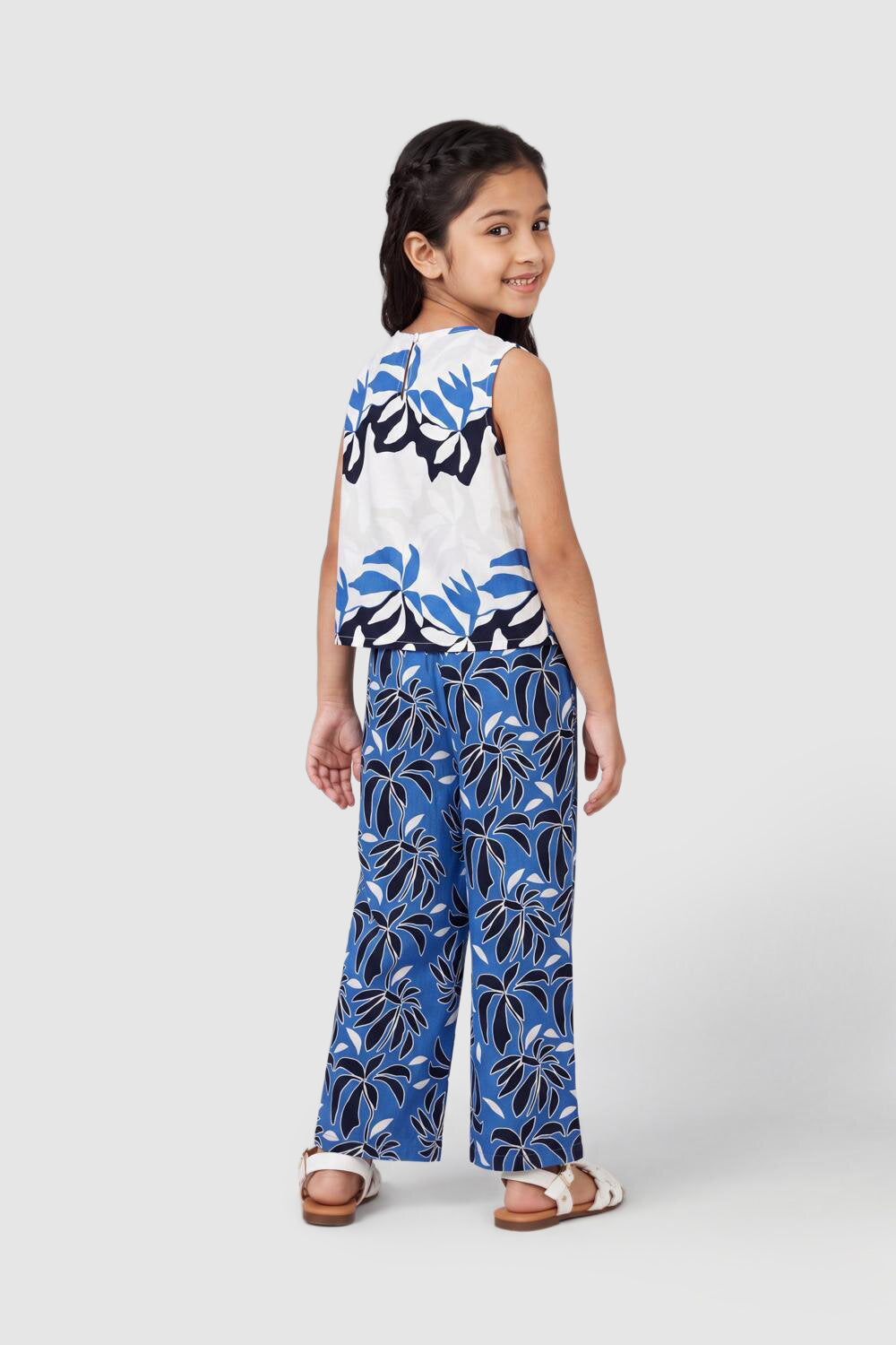 Blue Leaf Print Wide Leg Fit Co Ord Set For Tweens Girls