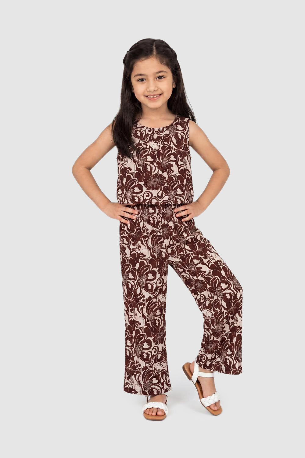 Brown Botanical Regular Fit Co Ord Set For Tweens Girls