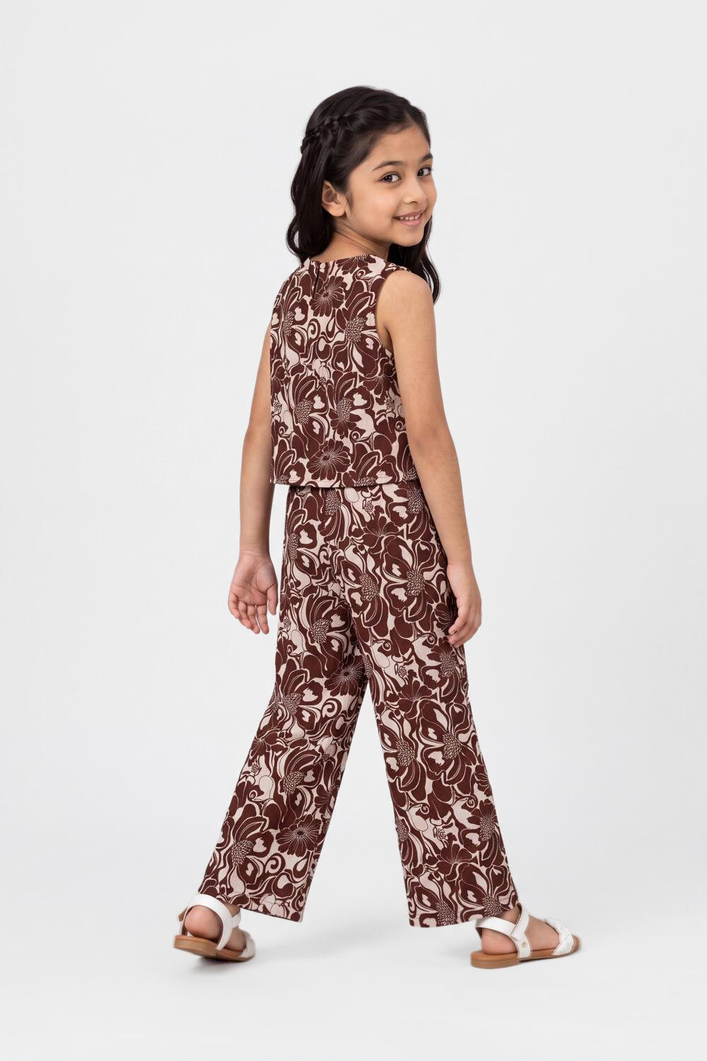 Brown Botanical Regular Fit Co Ord Set For Tweens Girls