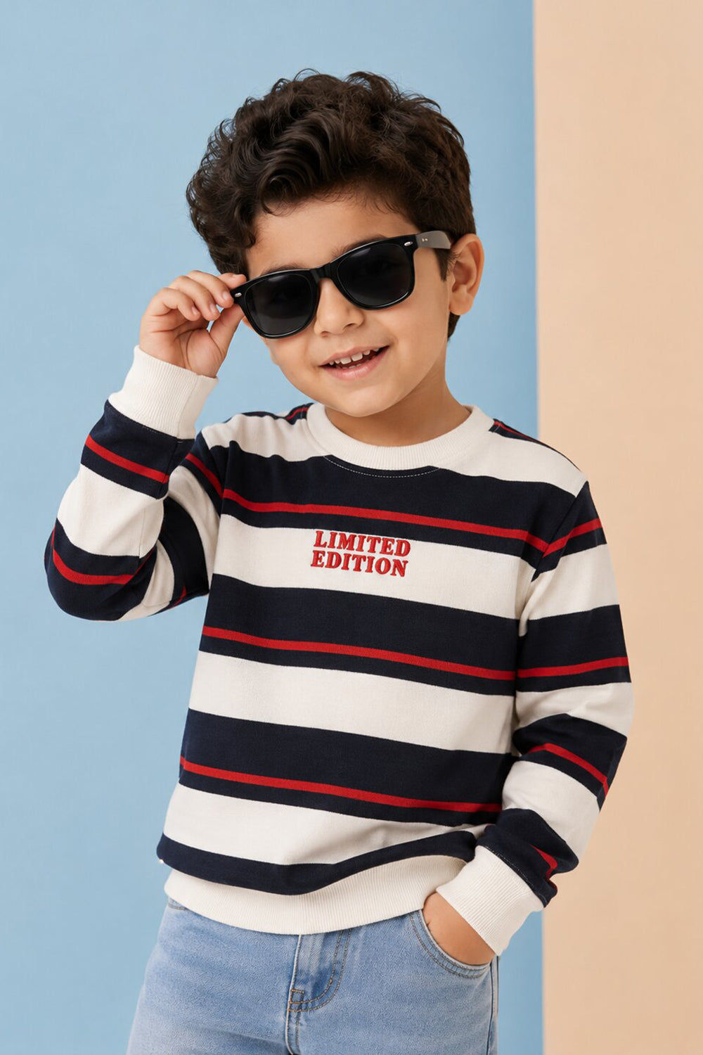 Boys Regular Fit Cream Striped Sweatshirt