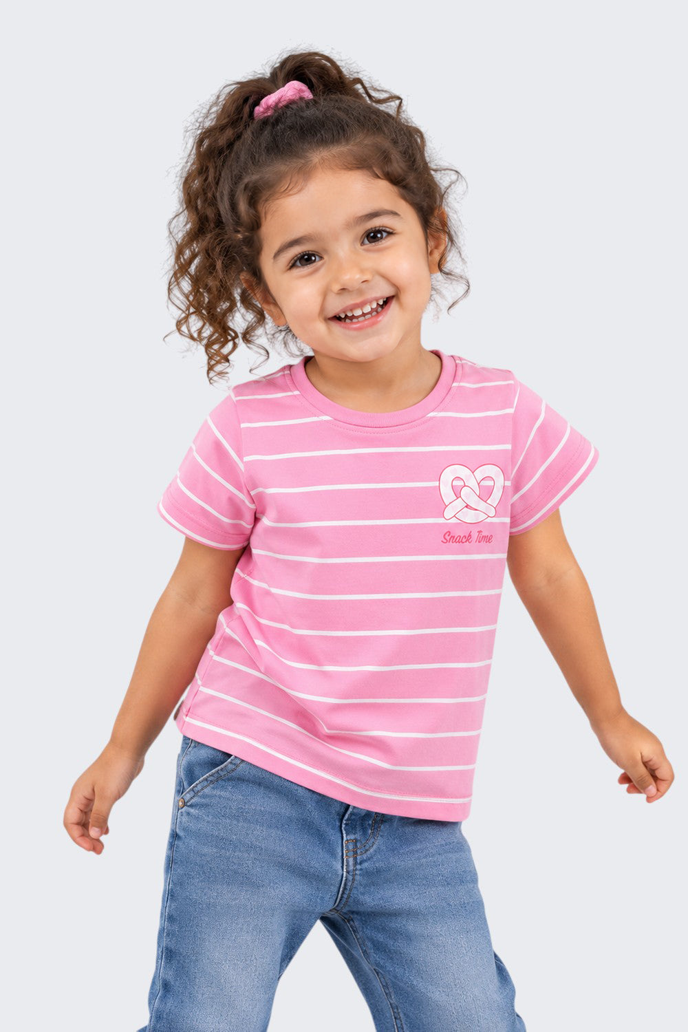 Girls Regular Fit Pink Striped T-Shirt