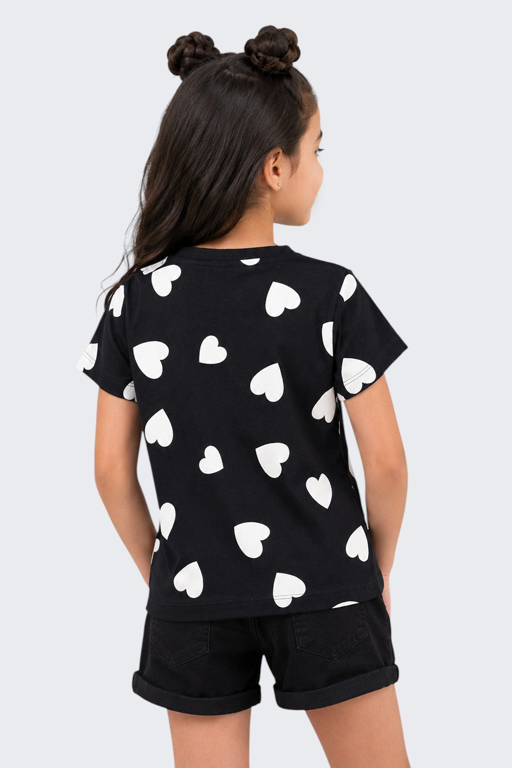 Girls Regular Fit Black Heart Printed T-Shirt