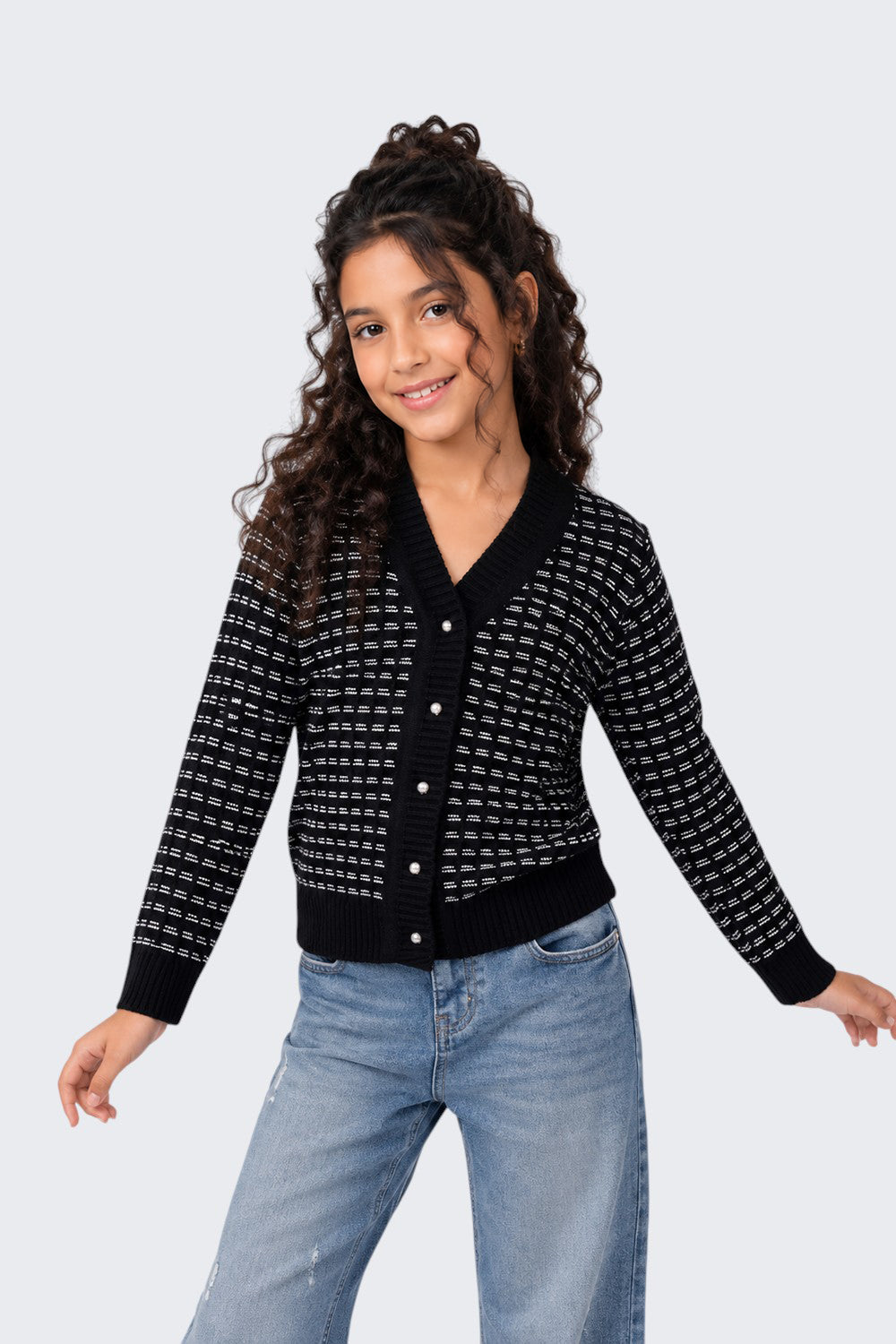 Tweens Girls Regular Fit Black Self Design Sweater