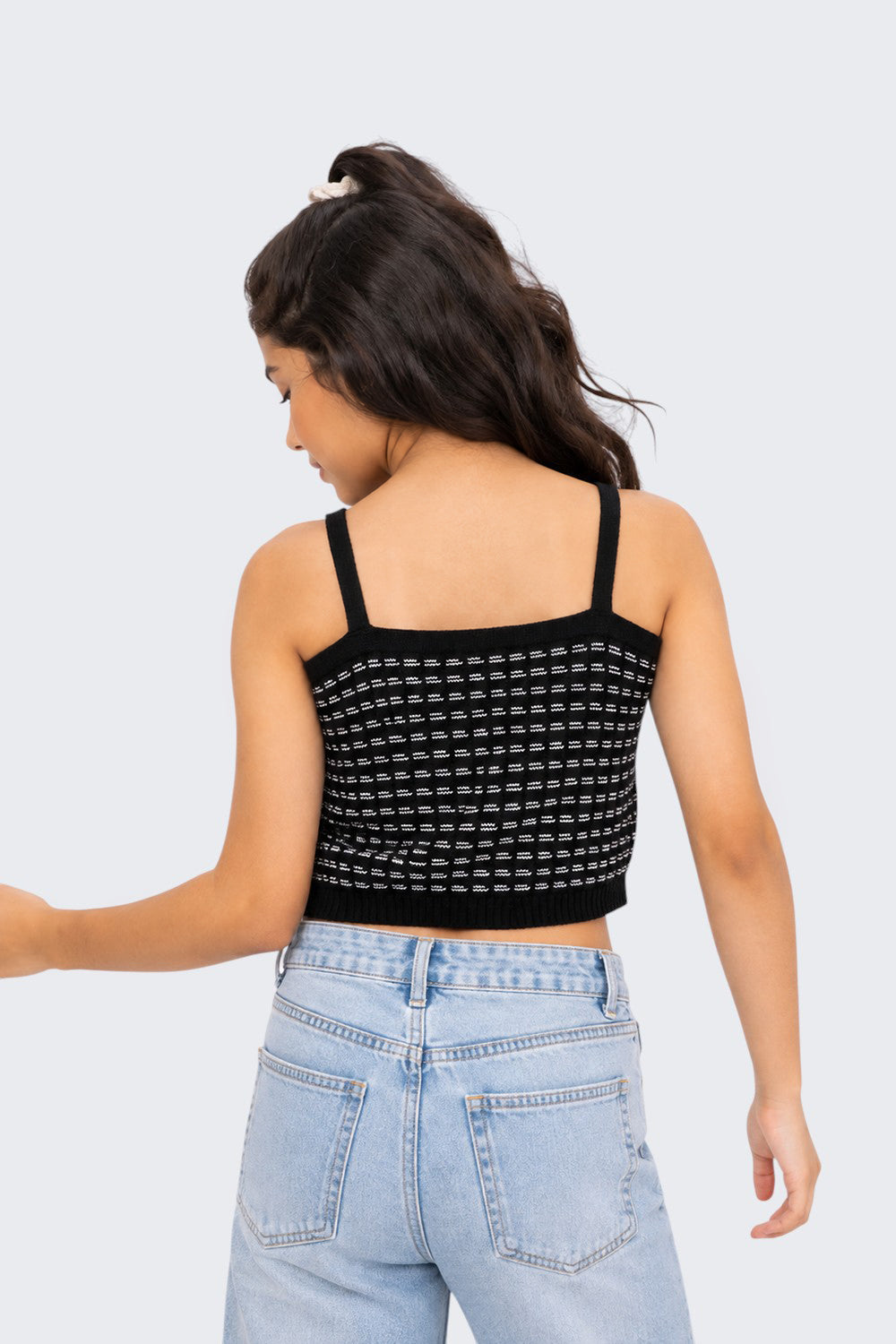 Tweens Girls Regular Fit Black Self Design Crop Top