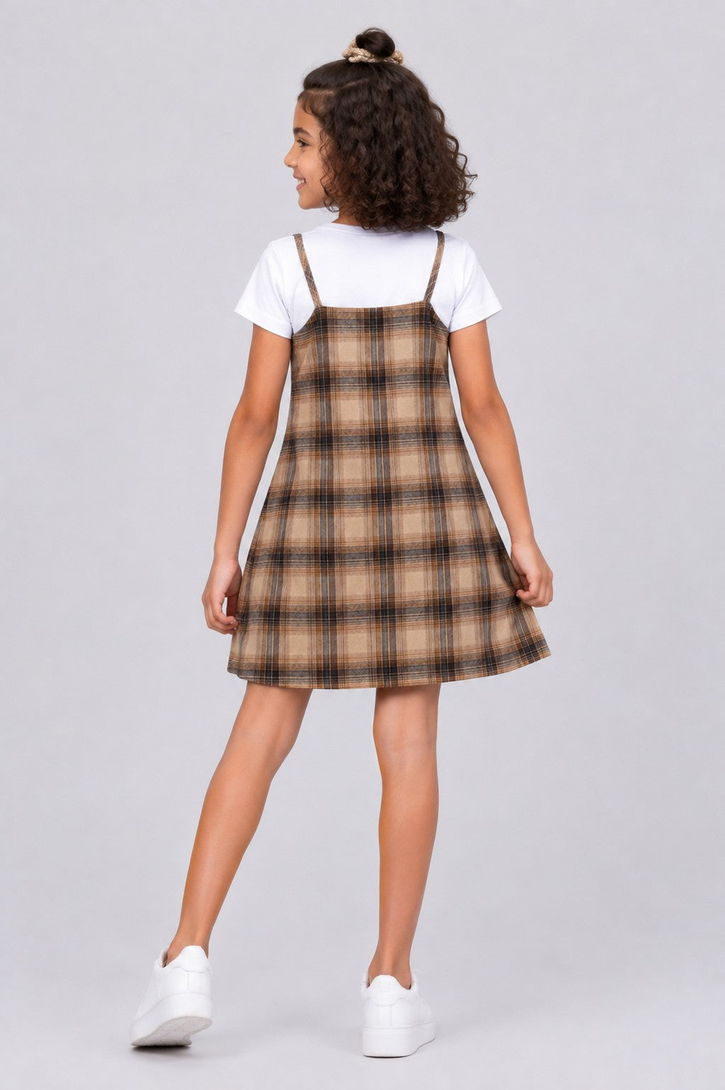 Tweens Girls Brown Checked Layered Pinafore Dress and T-Shirt