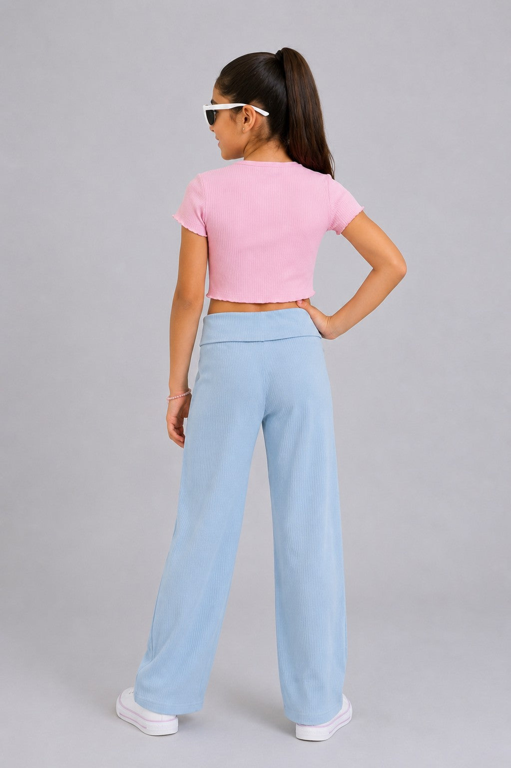 Tweens Girls Light Blue Ribbed Wide Leg Jogger