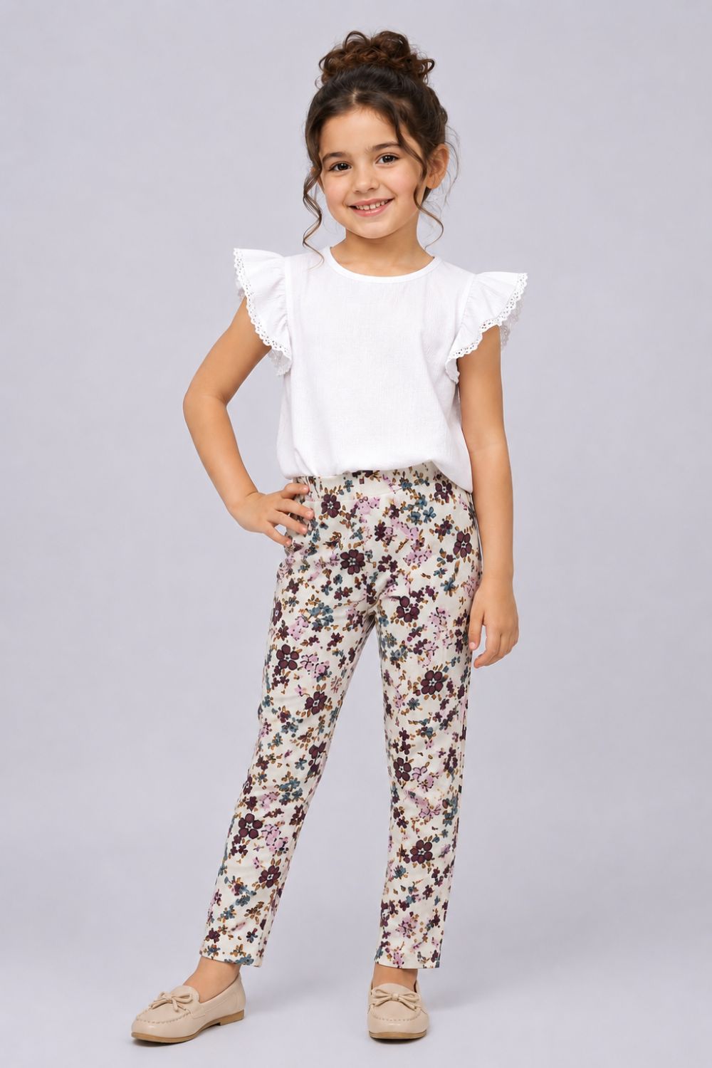 Girls Regular Fit Off White Floral Leggings