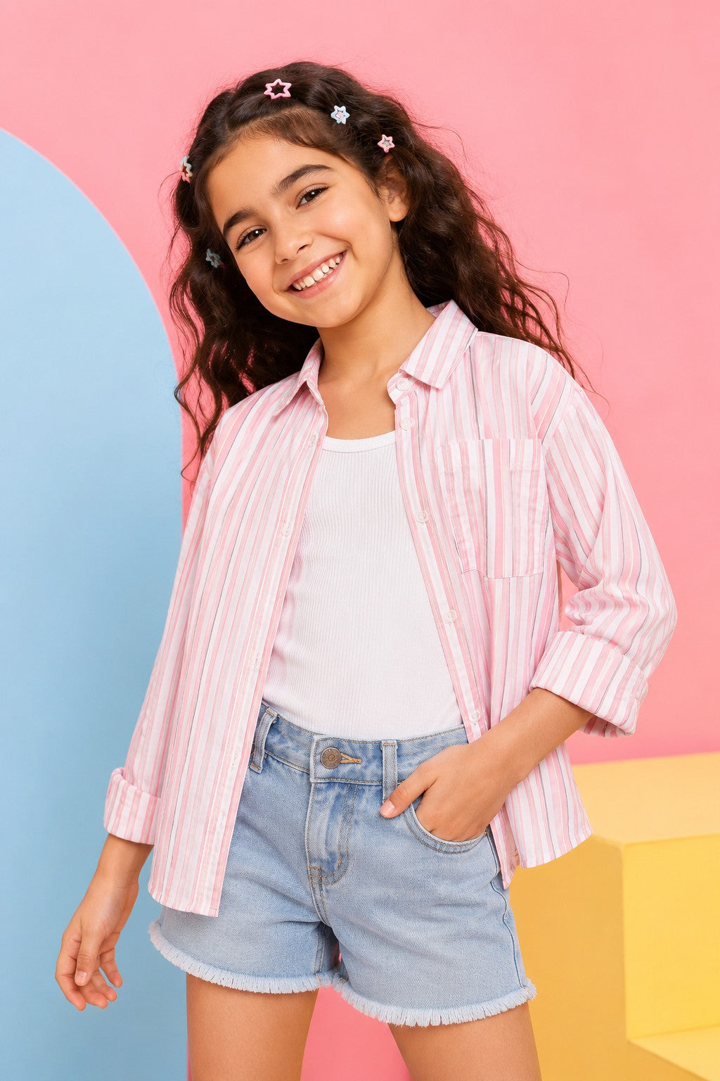 Pink & Yellow Striped Regular Fit Shirt