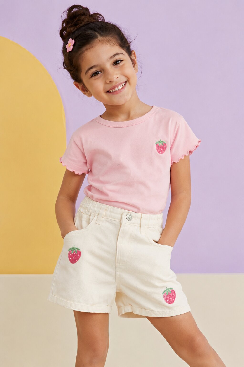 White Strawberry Placement Print Shorts with Four Pockets