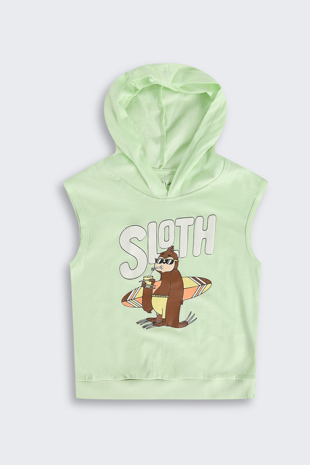 Light Green Surf Graphic Sleeveless Hooded T‑Shirt
