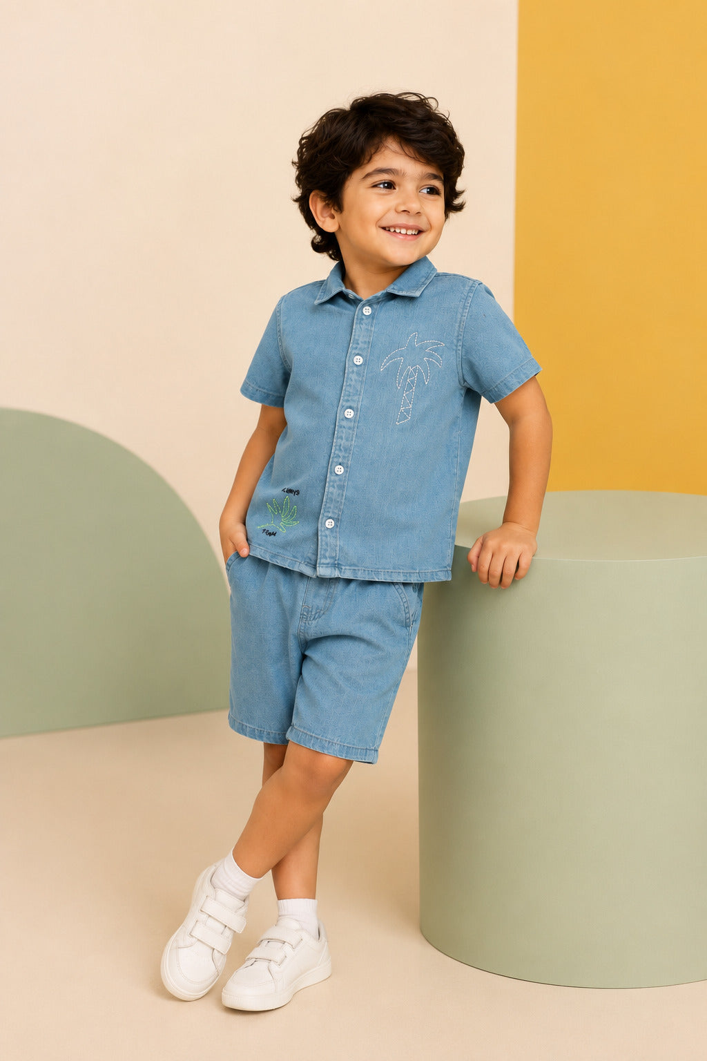 Light Blue Tree Embroidery Denim Shirt & Shorts Set