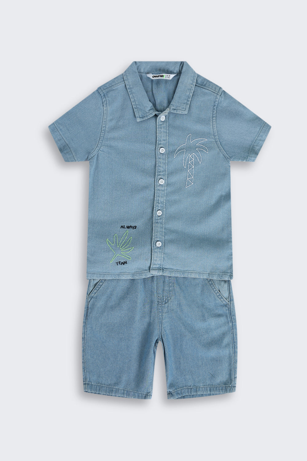Light Blue Tree Embroidery Denim Shirt & Shorts Set