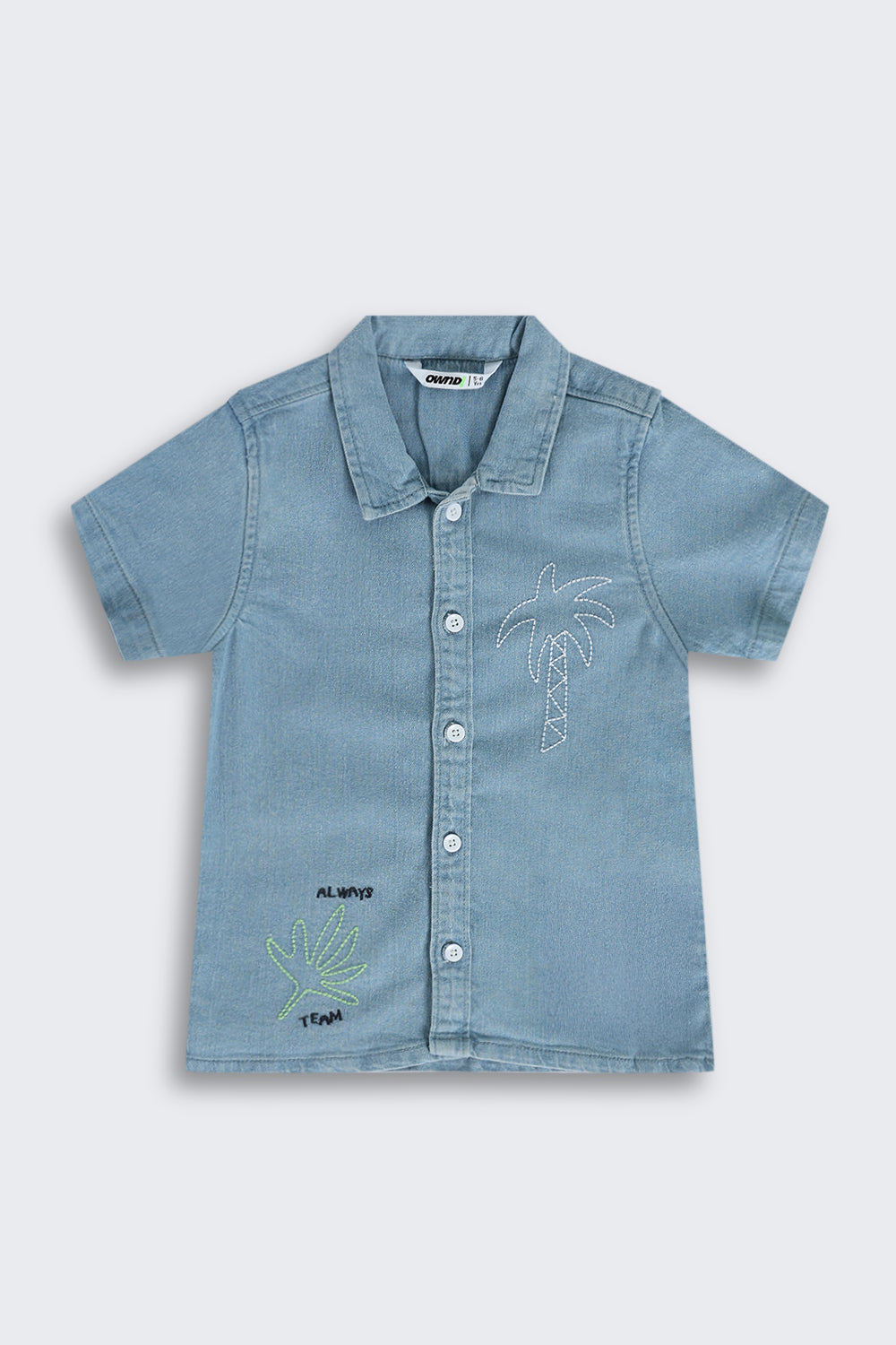 Light Blue Tree Embroidery Denim Shirt & Shorts Set