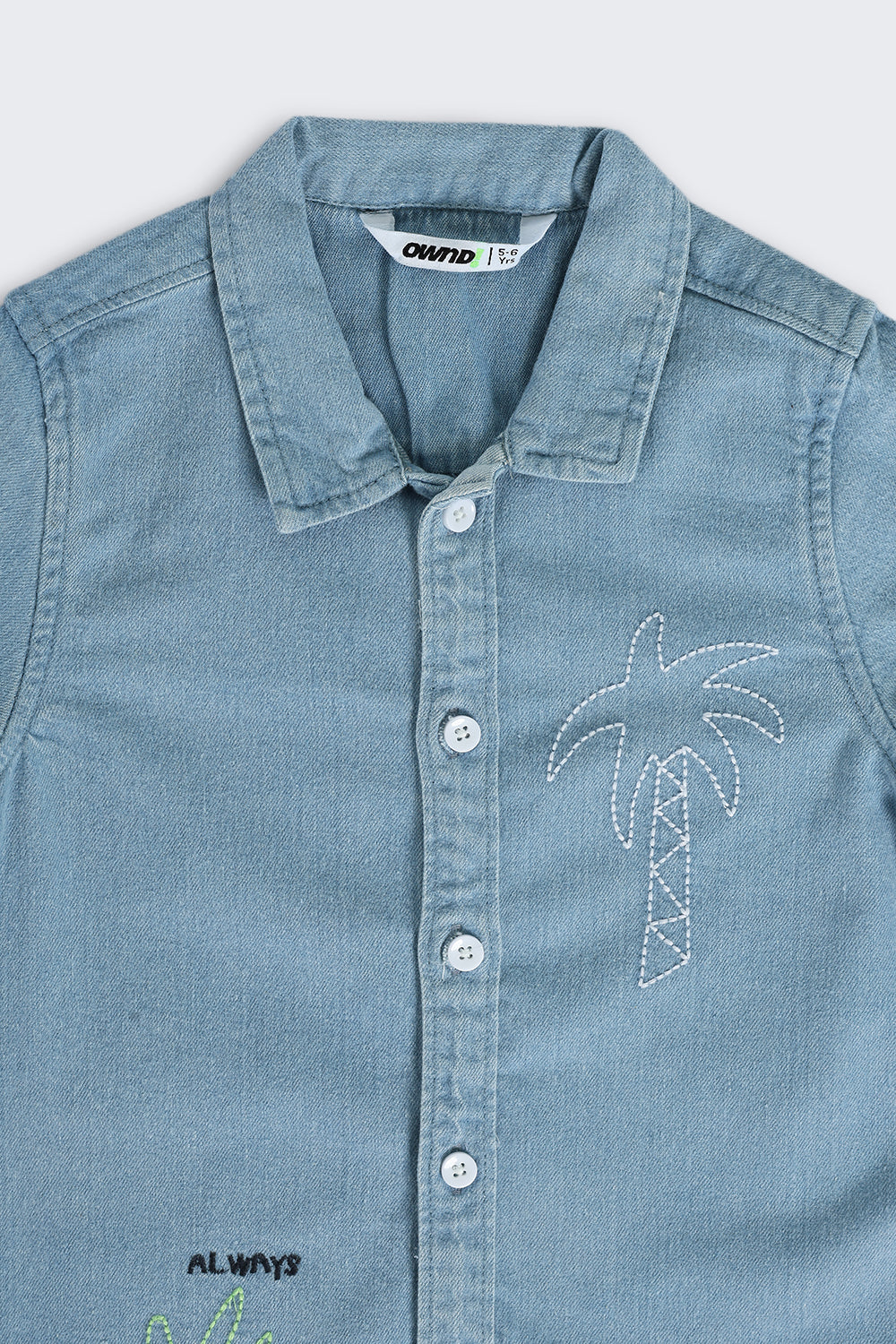 Light Blue Tree Embroidery Denim Shirt & Shorts Set