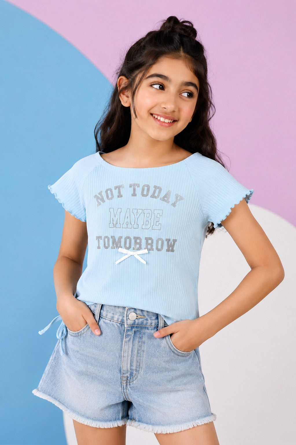 Light Blue Foil Print Side Rouching T-Shirt