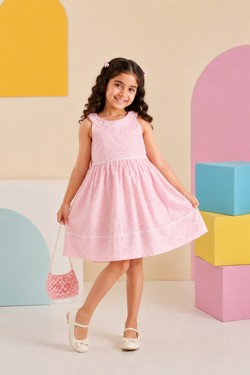 Pink Embroidered Regular Fit Dress