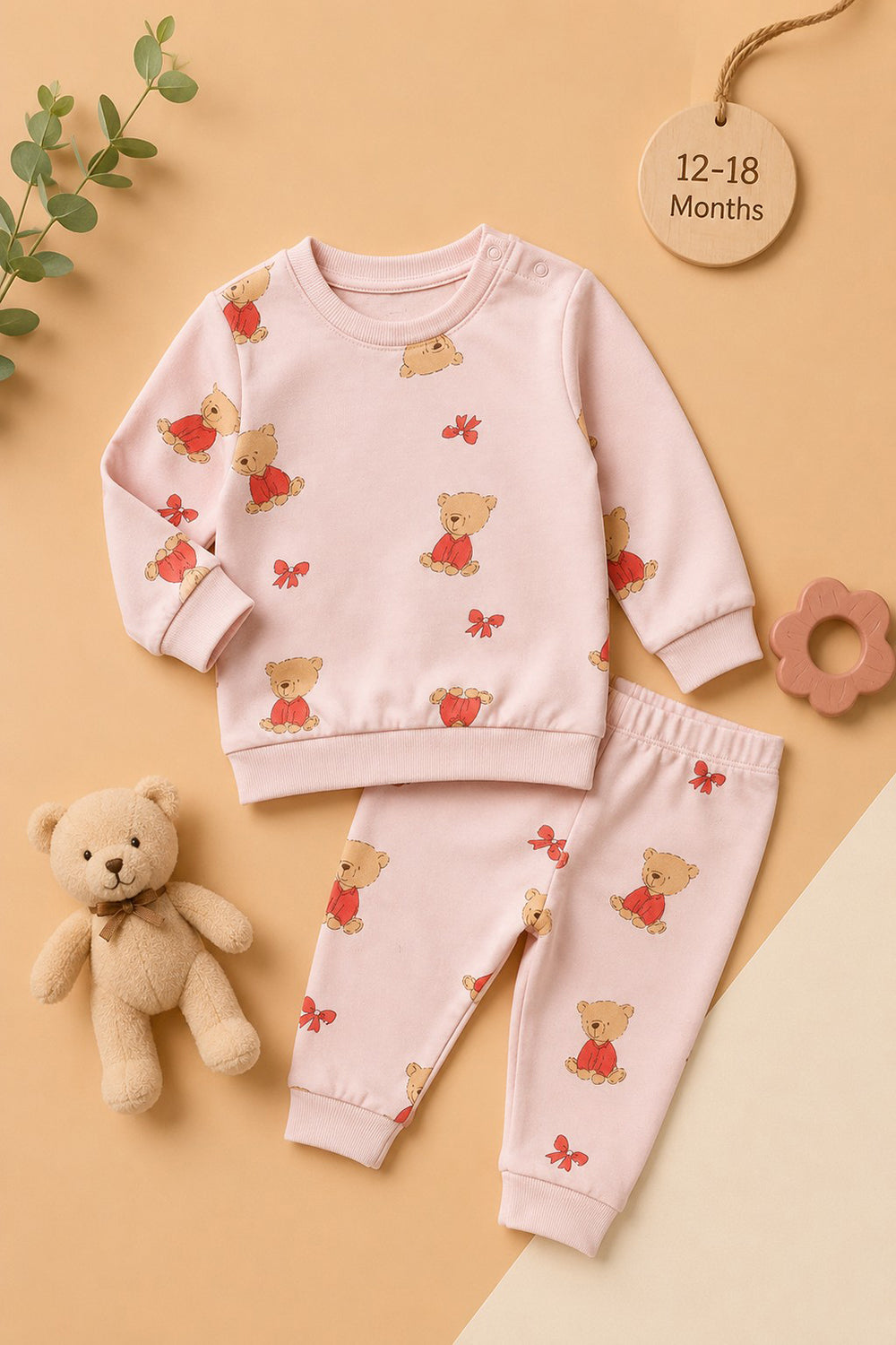 Infant Girls Pink Teddy Cotton Regular Fit Co Ord Set