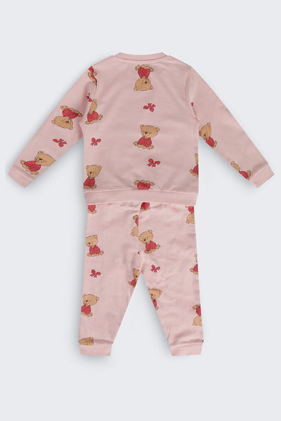 Infant Girls Pink Teddy Cotton Regular Fit Co Ord Set