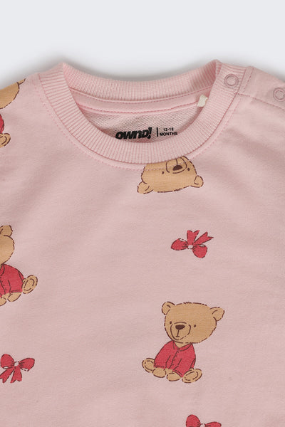 Infant Girls Pink Teddy Cotton Regular Fit Co Ord Set