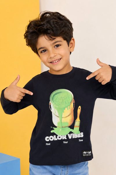 Boys Black Graphic Cotton Regular Fit T-Shirt