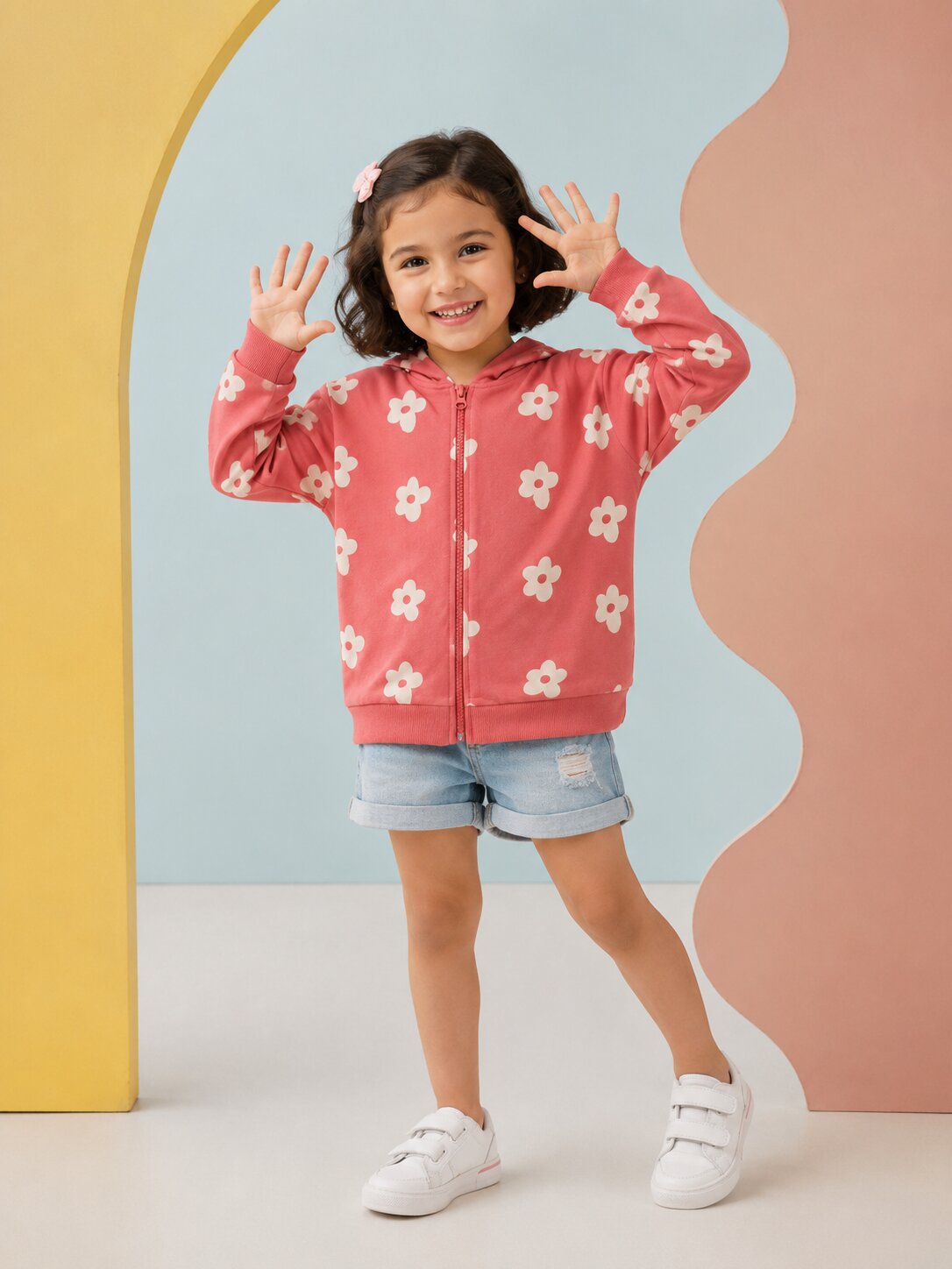 Girls Coral Floral Cotton Regular Fit Zipper Jacket