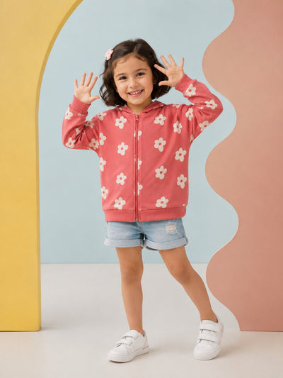 Girls Coral Floral Cotton Regular Fit Zipper Jacket