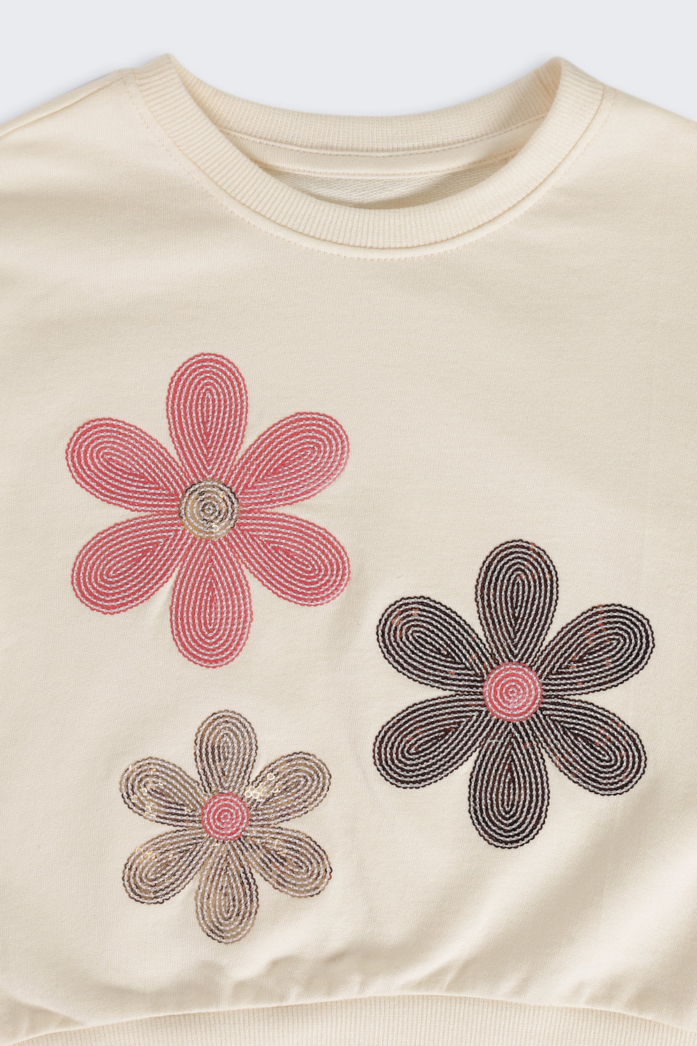 Girls Off White Embroidered Floral Regular Fit Sweatshirt