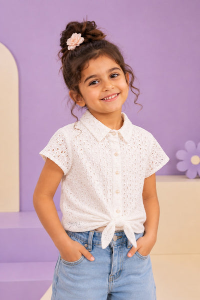 Girls White Cut Work Cotton Regular Fit Shirt