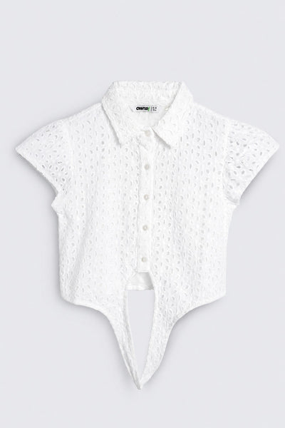 Girls White Cut Work Cotton Regular Fit Shirt