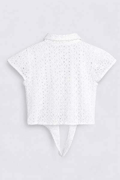 Girls White Cut Work Cotton Regular Fit Shirt