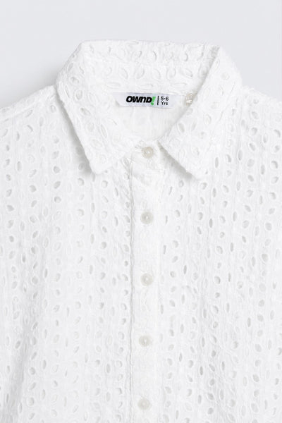 Girls White Cut Work Cotton Regular Fit Shirt