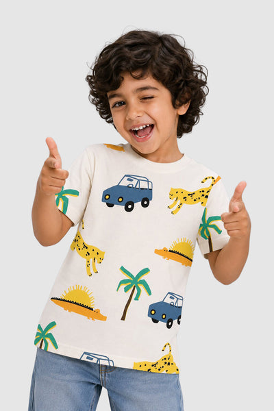 Off White Cotton Regular Fit T-Shirt For Boys