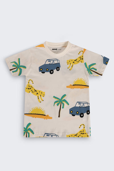 Off White Cotton Regular Fit T-Shirt For Boys