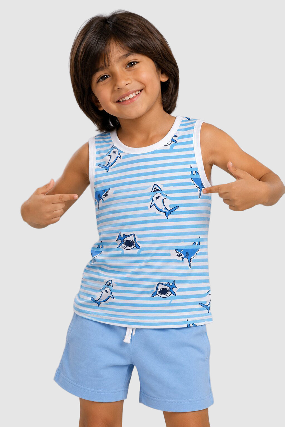 Light Blue Sharks Printed Cotton Regular Fit T-Shirt For Boys
