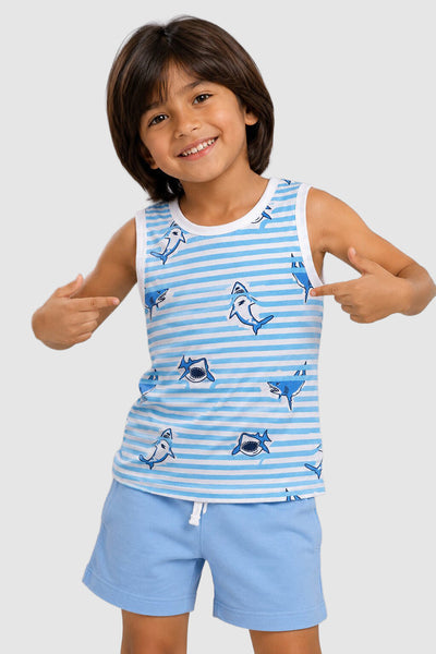 Light Blue Sharks Printed Cotton Regular Fit T-Shirt For Boys