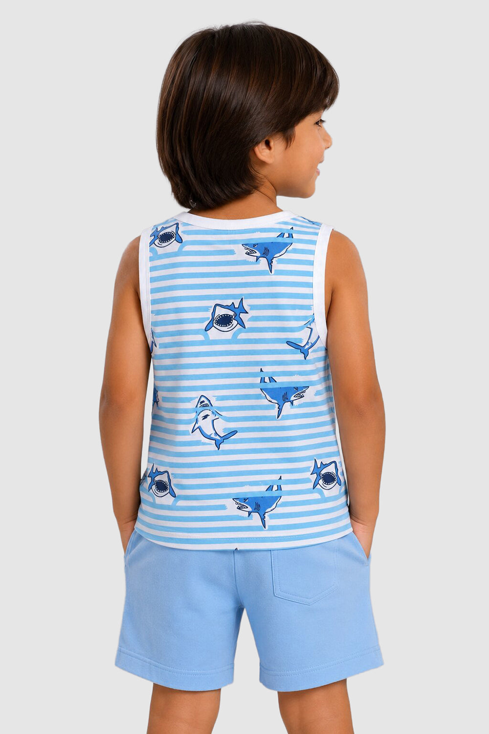 Light Blue Sharks Printed Cotton Regular Fit T-Shirt For Boys