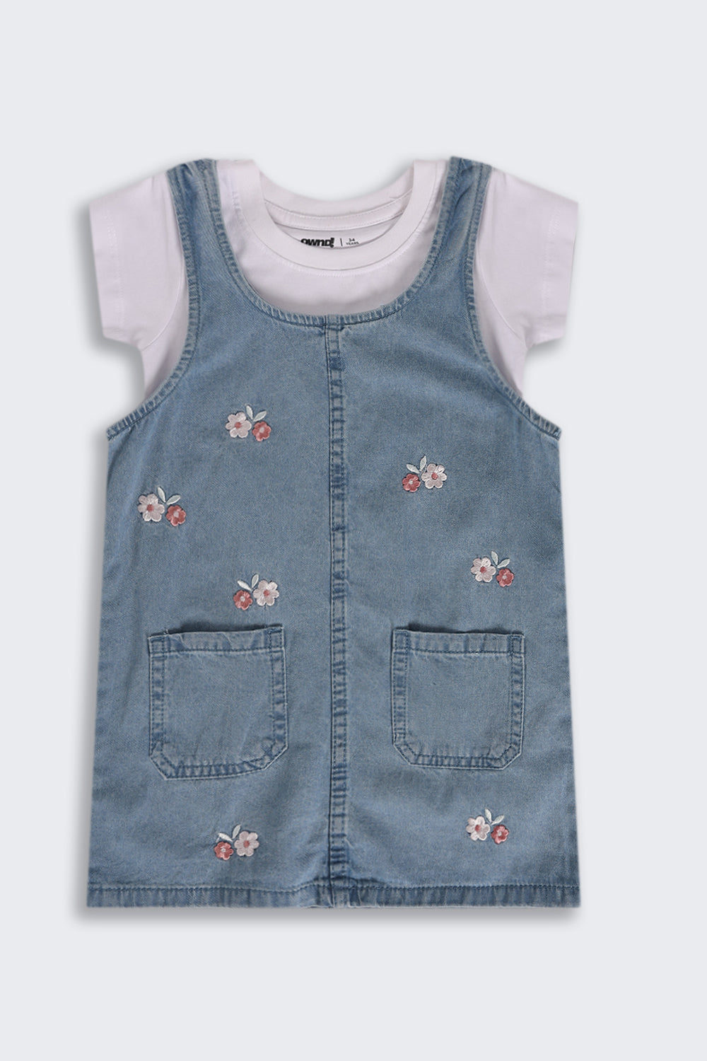 Light Blue Embroidered Regular Fit Dungaree and T-Shirt For Girls