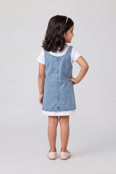 Light Blue Embroidered Regular Fit Dungaree and T-Shirt For Girls