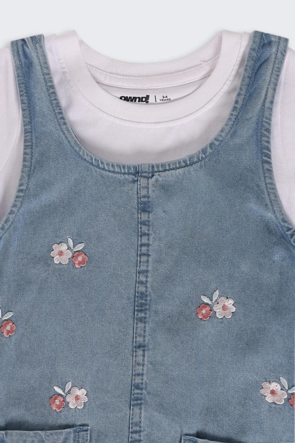 Light Blue Embroidered Regular Fit Dungaree and T-Shirt For Girls