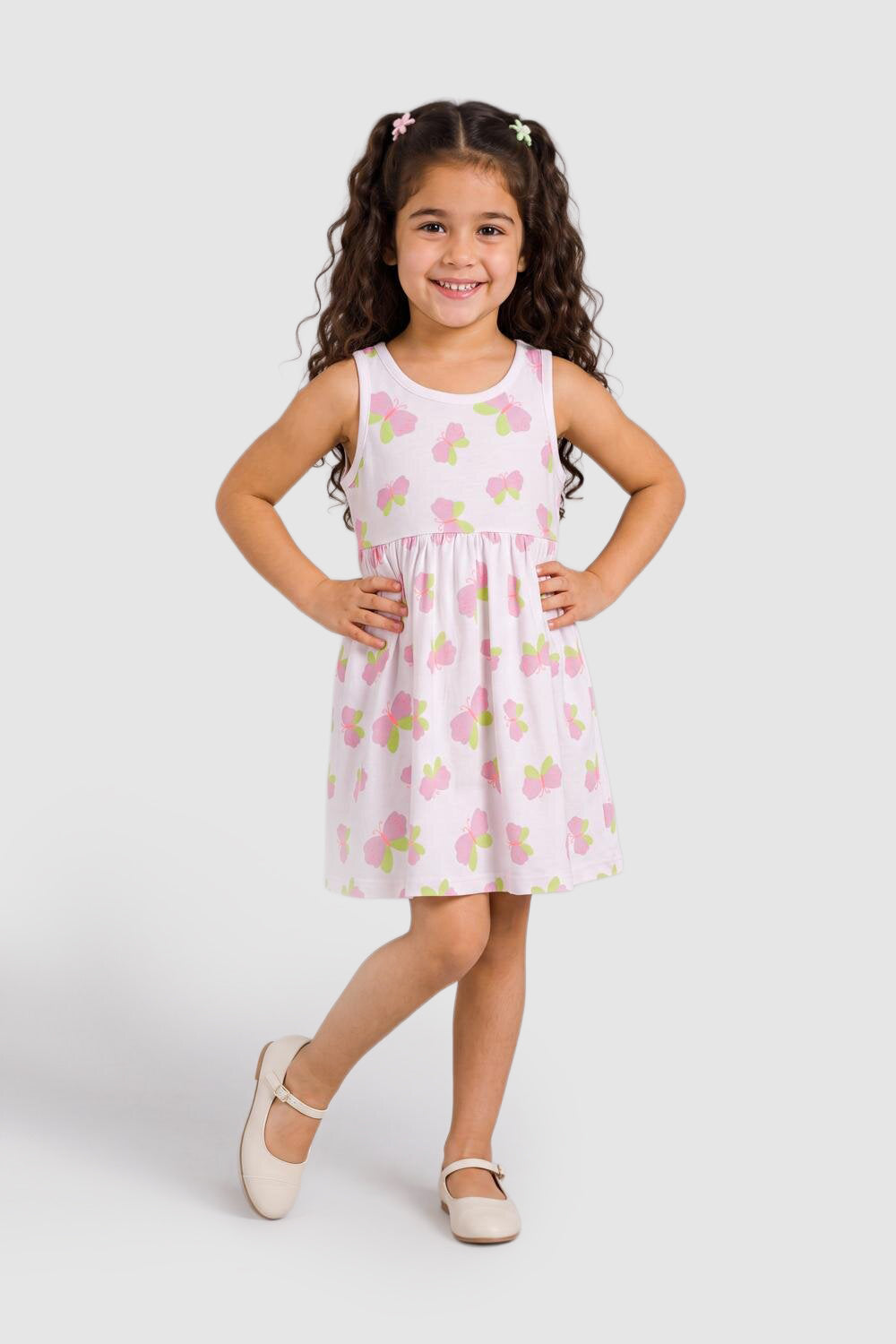 White Butterfly Printed Gathered Fit Dress For Girls