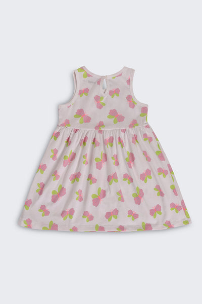 White Butterfly Printed Gathered Fit Dress For Girls
