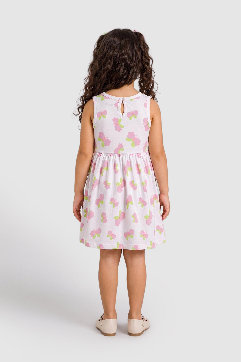 White Butterfly Printed Gathered Fit Dress For Girls
