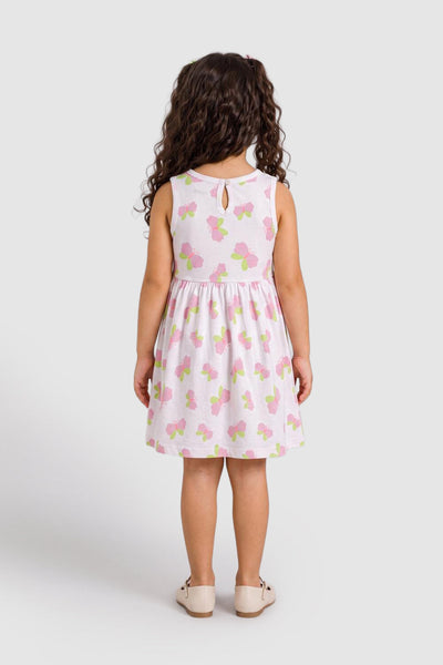 White Butterfly Printed Gathered Fit Dress For Girls